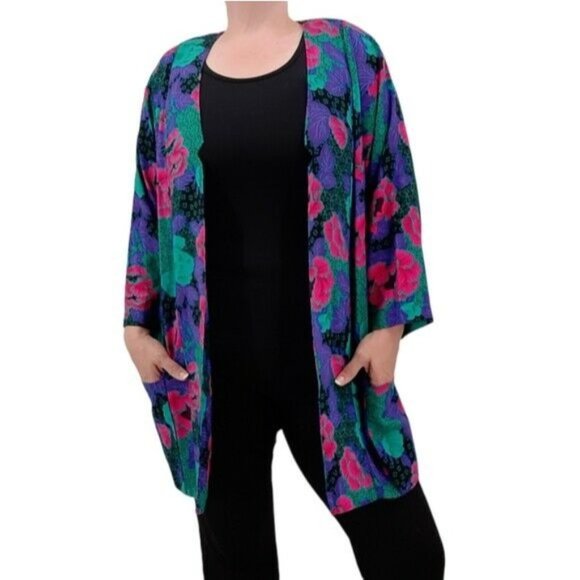 Vintage Jackets & Blazers - VTG 80s Kwai Bright Floral Lightweight Rayon Open Front Kimono Jacket Swim Cover